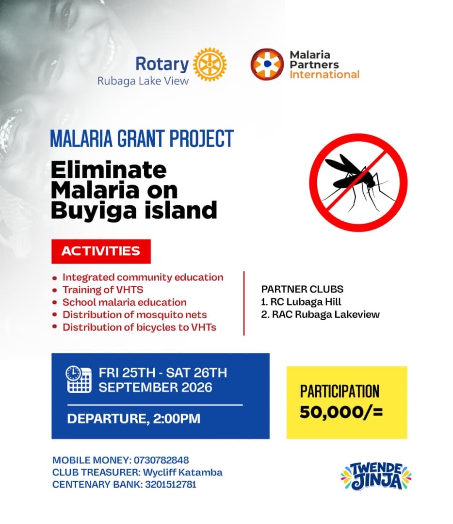 rubagalakeview's tweet photo. 🦟🚫 Eliminate Malaria on Buyiga Island!
On 25–26 Sept 2026, Rotary Club of Rubaga Lake View, RC Rubaga Hill & partners will take action through community & school education, VHT training, mosquito net distribution and bicycles for VHTs.
💙 Service Above Self
#Rotary #EndMalaria https://t.co/sJN4FDCK8m