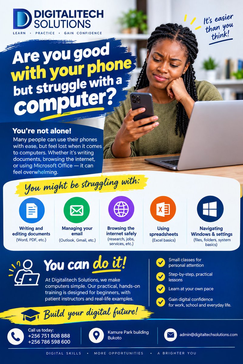 DigitaliTechug's tweet photo. Good with your phone but struggle with a computer? 💻📱

🎓 Learn. Practice. Gain Confidence.
📞 +256 786 598 600
#DigitalConfidence #DigitalSkills #ComputerSkills #DigitalLiteracy #DigitalitechSolutions #Uganda https://t.co/bPAjtBjcm1