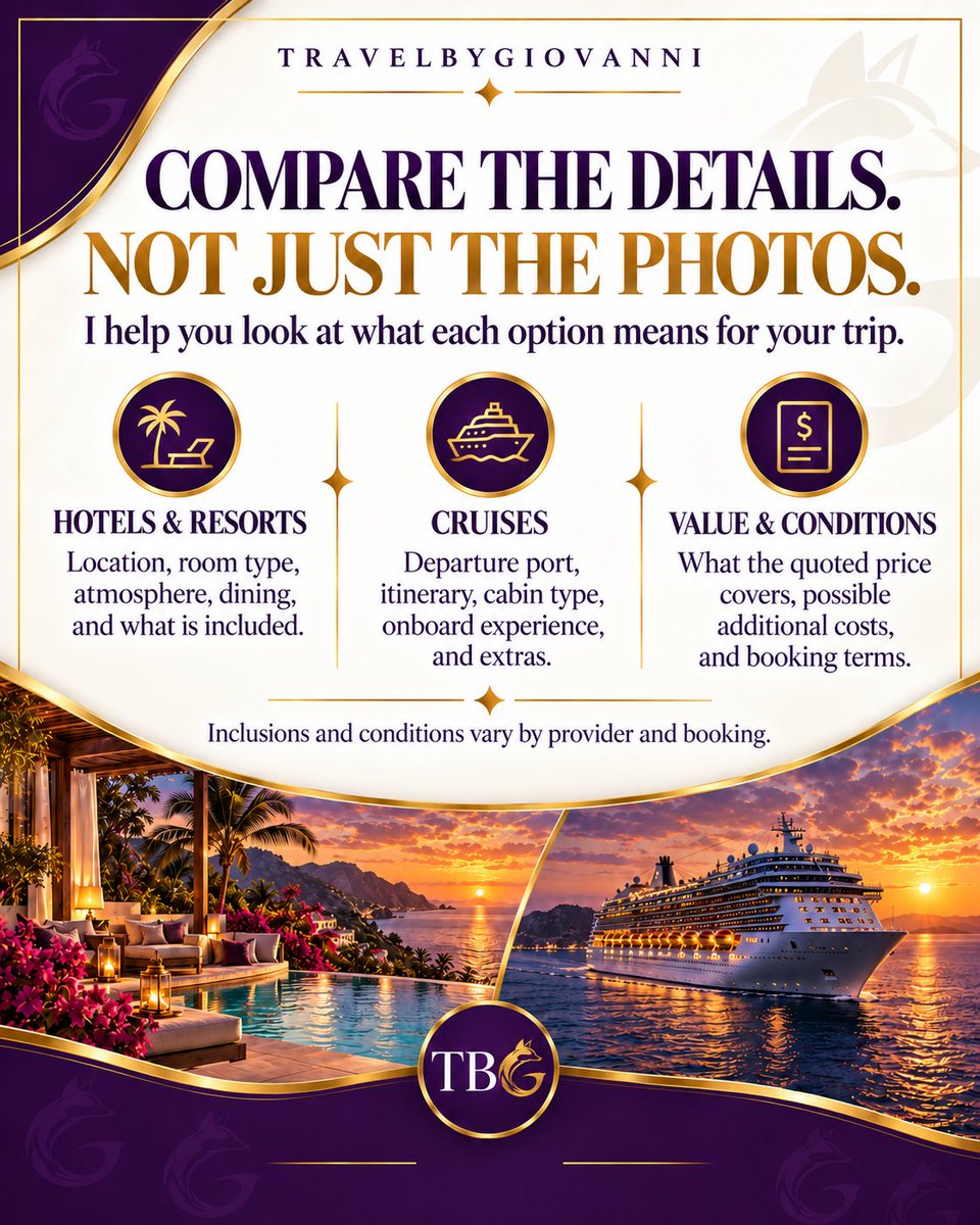 TravelByGio's tweet photo. Your vacation, your way. ✈️

I help you compare options and coordinate flights, stays, and transportation around your budget and travel style.

Explore the images, then message me to start planning.

#TravelByGiovanni #TravelAgent #VacationPlanning https://t.co/YHVzqnQ35Y