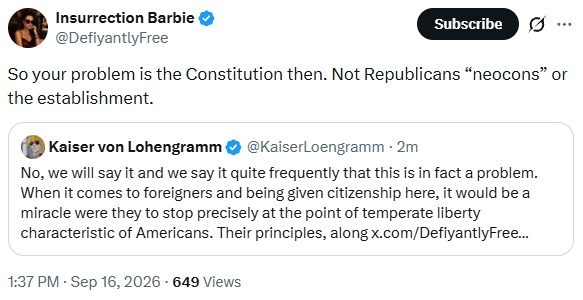 KaiserLoengramm's tweet photo. Saved, incase she tries to say it didn't happen. All I did was quote Thomas Jefferson in Notes on the State of Virginia here. She said that means I hate the constitution. https://t.co/BSVIUJtjHM
