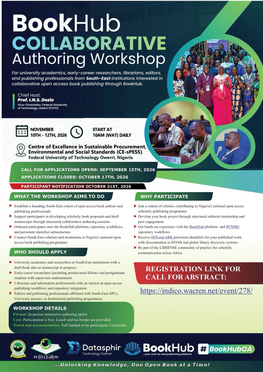 FCespess's tweet photo. 📚 FUTO hosts the BookHub Collaborative Authoring Workshop—South-East Edition!📍 CE‑SPESS, FUTO
📅 10–12 Nov. 2026
⏰ 10:00 AM Daily
Apply: https://t.co/Ecn2ilTNO4 #DiamondOA #AfricanScholarship #LIBSENSE
@EkoKonnect @WACREN @Datasphir @CharlesUwadia https://t.co/VcyMPaaNVX