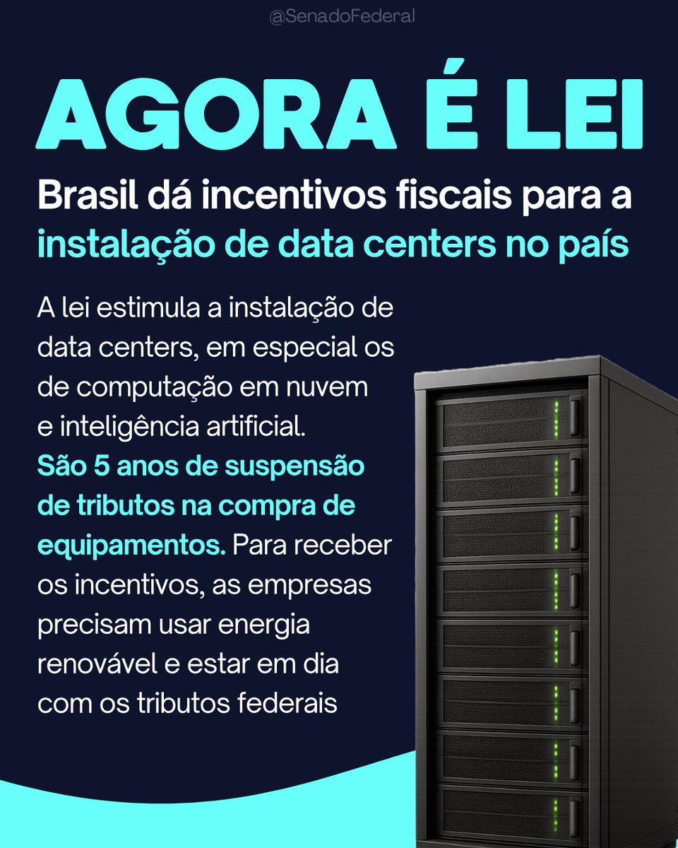 SenadoFederal's tweet photo. Foi sancionada pela Presidência da República a Lei 15.504, que cria incentivos fiscais para estimular a instalação de data centers, os centros de processamento de dados, e favorecer investimentos em inteligência artificial (IA) no Brasil: https://t.co/SSBBlX8KlT https://t.co/mUspWESG1y