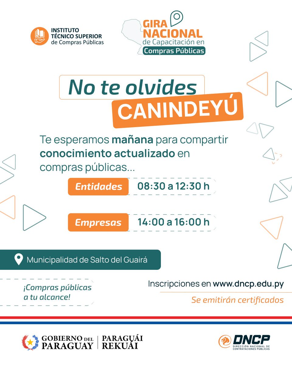 dncp_py's tweet photo. ¡Estamos a un día de nuestra jornada de capacitación en Canindeyú! 👩🏻‍🏫

‼️Mañana te esperamos en la Municipalidad de Salto del Guairá.

Entidades públicas: 08:30 a 12:30 horas 

🔗https://t.co/DIBhNTp1ax

Empresas: 14:00 a 16:00 horas 

🔗 https://t.co/7REossmnjx https://t.co/EBiy5uYDC0