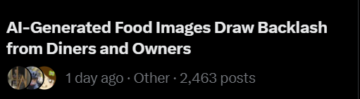Kisai's tweet photo. Why would you use AI to generate food? Regular ads of foods are already faked. https://t.co/loTIBXYSi7