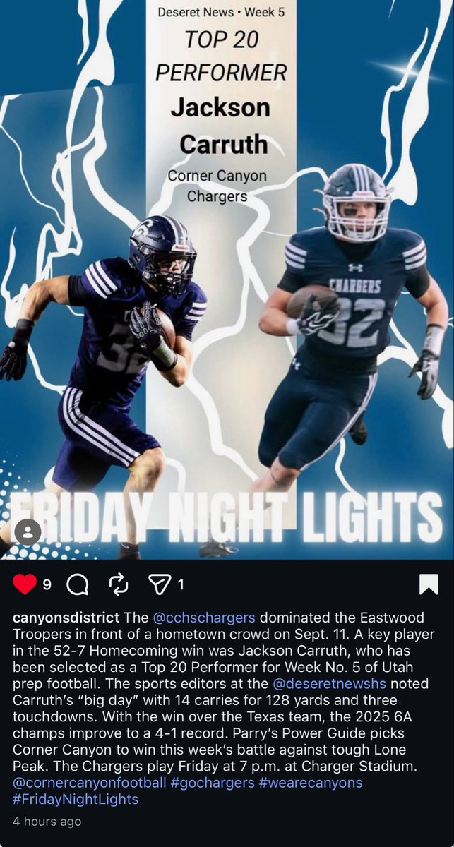 Jackson_Carruth's tweet photo. ⭐️Thanks @deseretnewshs @DeseretSports for naming me one of the top performers of week 5!⭐️

Let's go CHARGERS!🔥

@CCHSFOOTBALL_ @SuteraCasey @Frankie_Sutera @austingiove @KjarEric @SlingintheP @ballersinutah 

https://t.co/9VS2Pdao6m https://t.co/VsezzefQb0