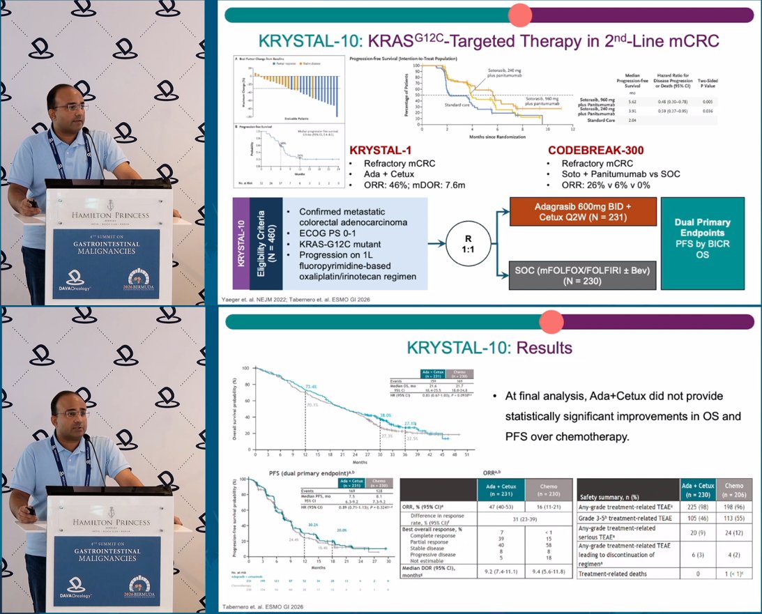 DAVAOnc's tweet photo. Recent phase 3 results in colorectal cancer, from Dr. @kanwal_raghav (@UTMDAnderson) at #DAVAGI: ATOMIC (atezolizumab + FOLFOX in dMMRstage III), BREAKWATER (encorafenib + chemo in BRAF V600E 1L), KRYSTAL-10 (adagrasib + cetuximab), and STELLAR-303. #GIOnc https://t.co/Ar3b00S4XL