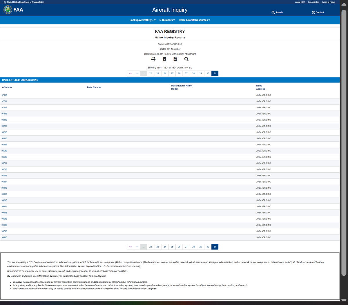 JobyWatchDog's tweet photo. Yeah…. 17 pages to 31 pages. ~650+ more reserved. 👀

That’s ~1,300+ new $JOBY N-numbers reserved in the past week. https://t.co/975xDcOGzp