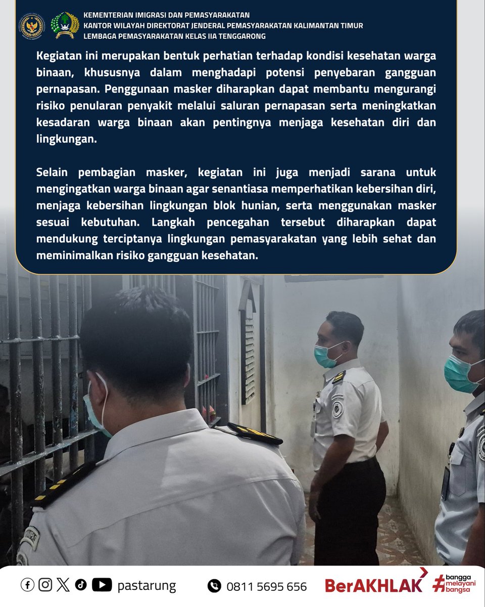 pastarung's tweet photo. Lapas Kelas IIA Tenggarong melaksanakan pembagian masker kepada warga binaan sebagai langkah pencegahan gangguan kesehatan, khususnya ISPA.

Kegiatan ini menjadi bagian dari upaya menjaga kesehatan dan meningkatkan kesadaran warga binaan akan pentingnya menggunakan masker. https://t.co/0RPrOcAh8p