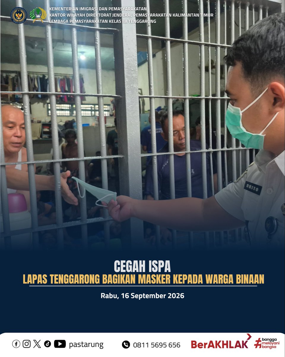 pastarung's tweet photo. Lapas Kelas IIA Tenggarong melaksanakan pembagian masker kepada warga binaan sebagai langkah pencegahan gangguan kesehatan, khususnya ISPA.

Kegiatan ini menjadi bagian dari upaya menjaga kesehatan dan meningkatkan kesadaran warga binaan akan pentingnya menggunakan masker. https://t.co/0RPrOcAh8p