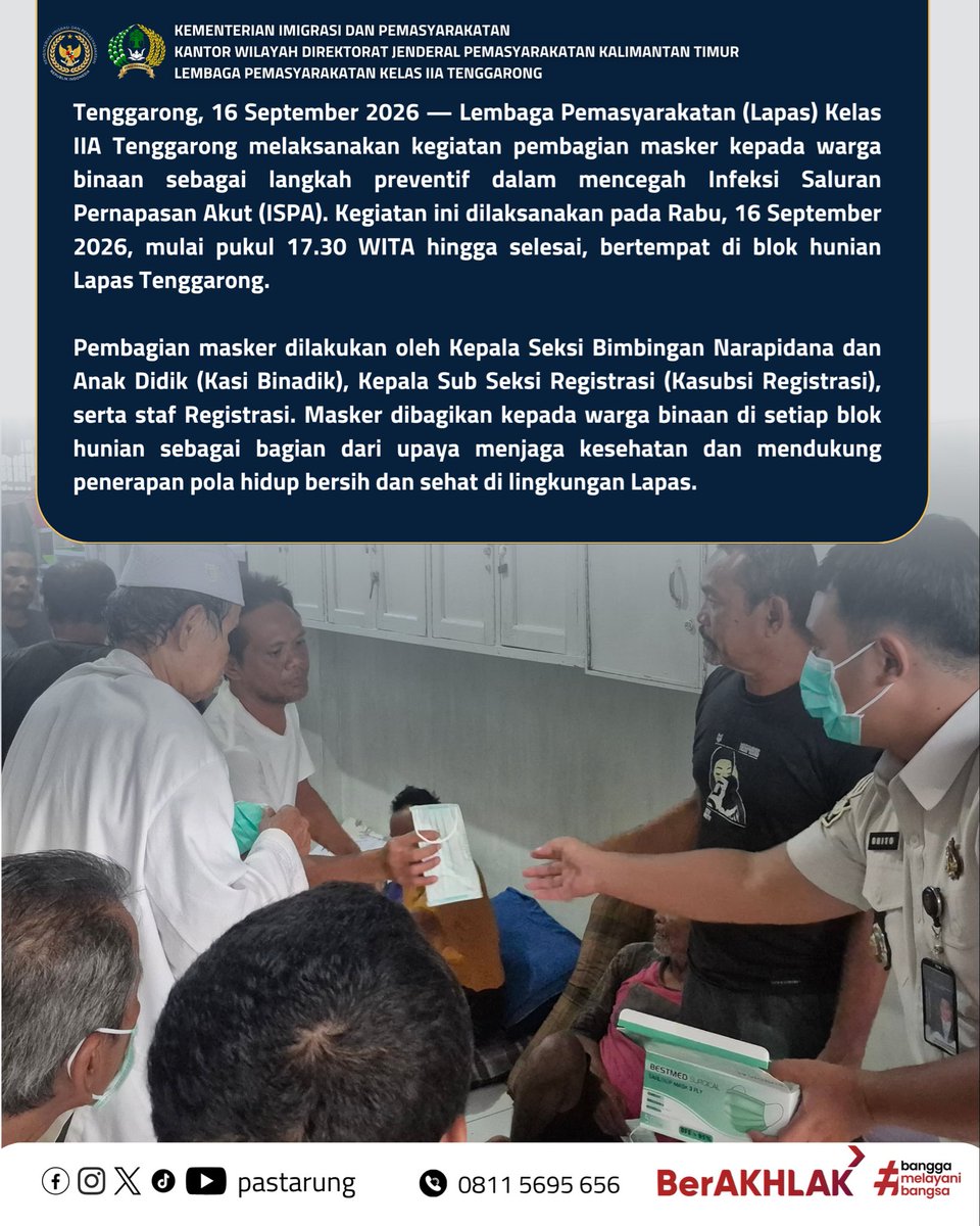 pastarung's tweet photo. Lapas Kelas IIA Tenggarong melaksanakan pembagian masker kepada warga binaan sebagai langkah pencegahan gangguan kesehatan, khususnya ISPA.

Kegiatan ini menjadi bagian dari upaya menjaga kesehatan dan meningkatkan kesadaran warga binaan akan pentingnya menggunakan masker. https://t.co/0RPrOcAh8p