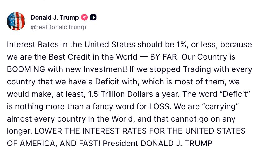 FoxNews's tweet photo. President Trump is renewing his demand for sharply lower interest rates, writing on Truth Social that U.S. rates should be "1%, or less" after the Federal Reserve raised its benchmark rate for the first time in more than three years amid concerns over persistent inflation.

Trump argues the U.S. economy is "BOOMING with new investment," and calls for rates to come down quickly.

"LOWER THE INTEREST RATES FOR THE UNITED STATES OF AMERICA, AND FAST!," Trump wrote.