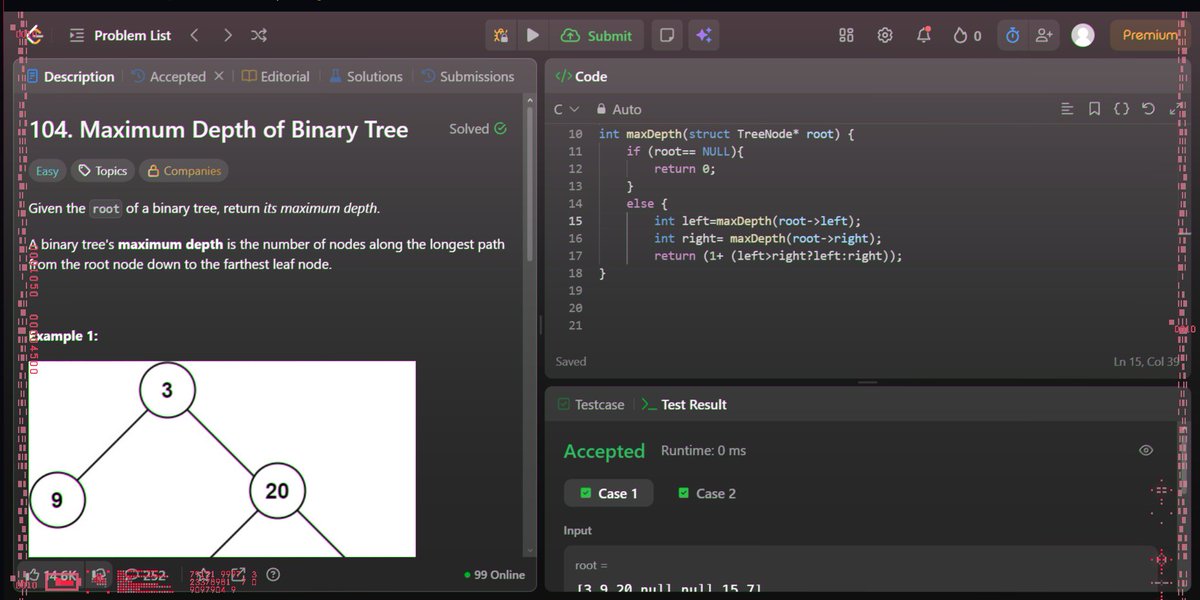 Cryptnitorian's tweet photo. DAY 24 OF MY #DSA AND #LEETCODE JOURNEY. 
Multitasked hard: revised trees + started Dijkstra, fixed an ecommerce deploy bug (wrong API endpoint /NaN cart,  then solved Max Depth of Binary Tree.
#100DaysOfCode  #LeetCodeDaily #CodingJourney #ProgrammingLife #SoftwareEngineering https://t.co/FVR7J2uFyv