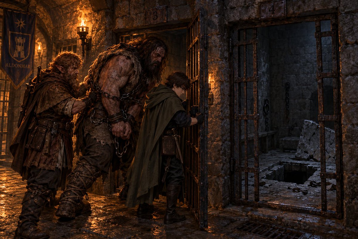 DescansoCorto's tweet photo. Lo que empezó como un encuentro con dos viajeros "inofensivos" terminó en emboscada. Tabian cayó bajo el martillo de Conroy... pero la venganza llegó desde las sombras: una espada atravesó al paladín por la espalda.

El grupo capturó al gigante Osric y lo llevó preso.
#DnD #Rol https://t.co/fNJlVJu9Ir