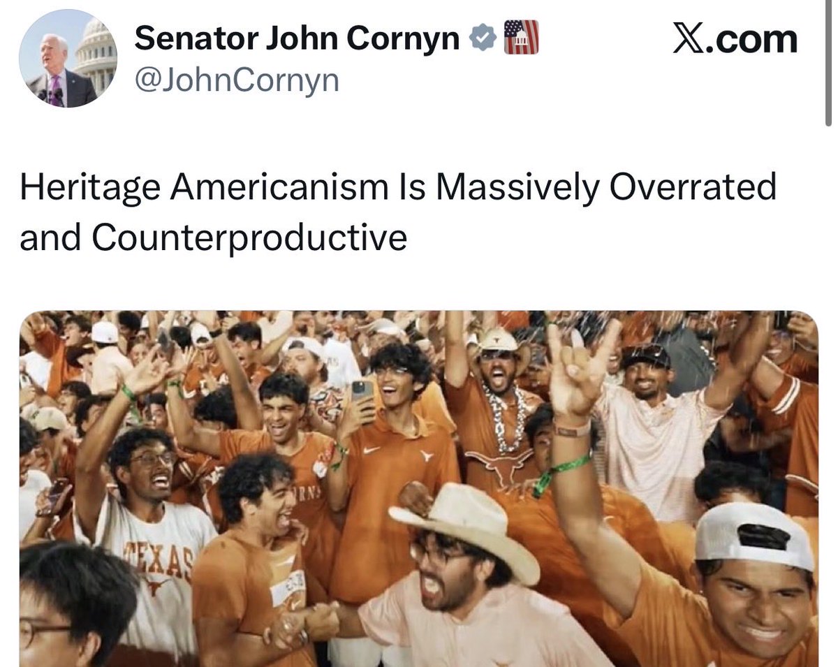 seanmdav's tweet photo. A U.S. senator who is chair of the Senate India Caucus and who heralded the coming of the “Indian Century” in America believes it is “overrated and counterproductive” to take pride in what your ancestors sacrificed to build this country.

Can’t imagine why he lost his primary by 30 points.
