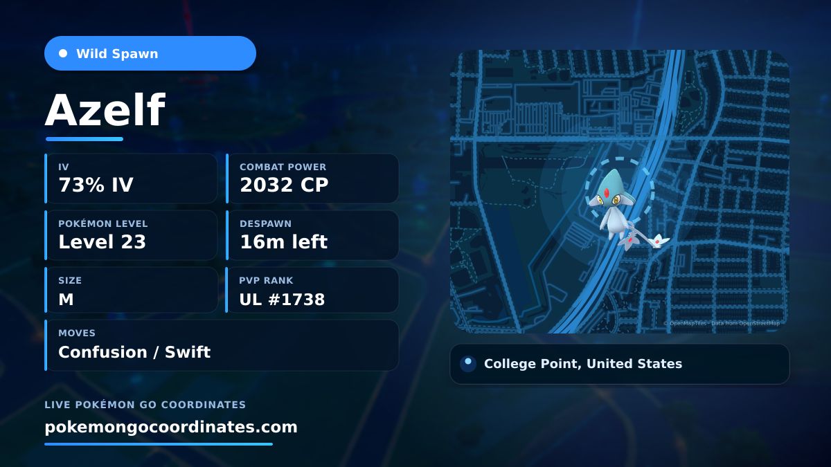 CoordsPokemonGo's tweet photo. A Lake Trio #Azelf appeared!
✨ 73% IV • 2032 CP • Level 23
⏱️ Despawns in 16m
📍 40.779190,-73.827708
#RareSpawn • #PokemonGO https://t.co/3vcMjgTFa0