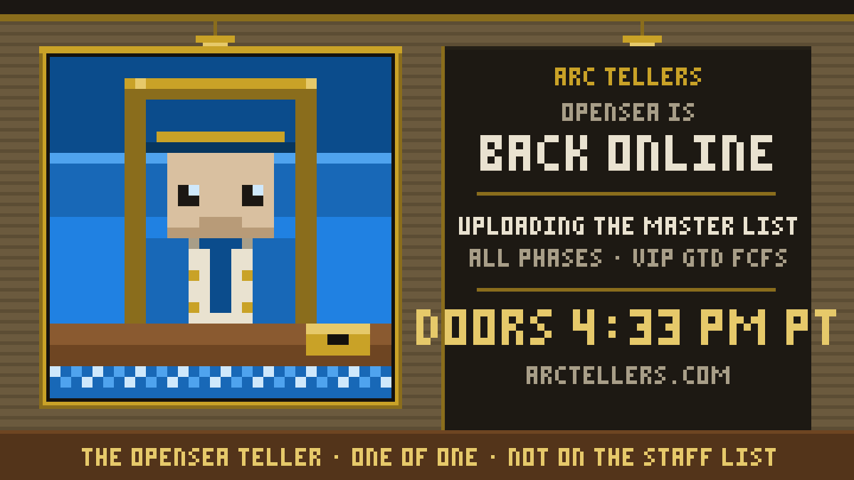ArcTellers's tweet photo. Arc Tellers &amp; @opensea are back online

We are uploading the waiting list to the studio &amp; wrapping everything up for after the mint

VIP - GTD - FCFS &amp; than public if there's any left https://t.co/GdmfkbwQY2