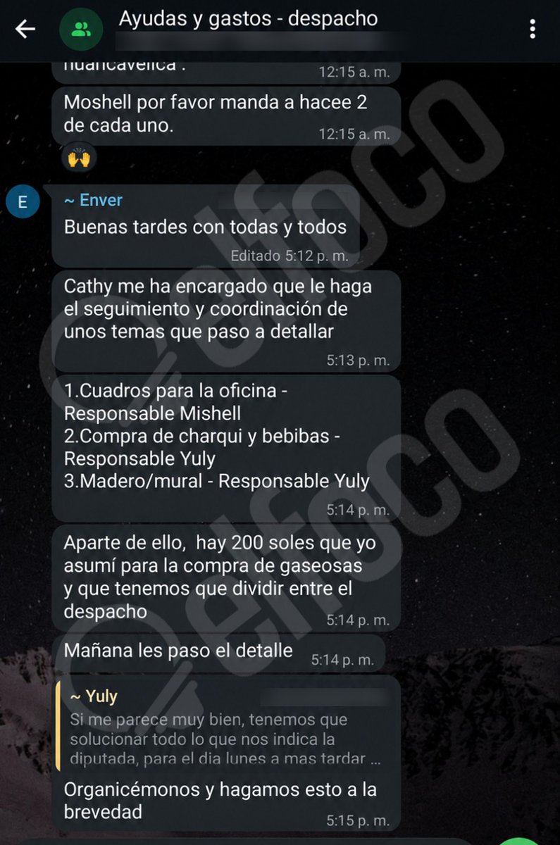 azambranox's tweet photo. #LOÚLTIMO Chats revelan que la diputada Catherin Palomino le pide a su personal que pague, de su propio sueldo, cuadros, adornos y comida para su despacho

EL FOCO accedió a conversaciones del grupo de WhatsApp de los trabajadores del despacho de Palomino (Juntos por el Perú), donde coordinan cómo comprar —con su propio dinero— los cuadros, adornos y alimentos que la parlamentaria les pidió.

Vía @elfoco_pe