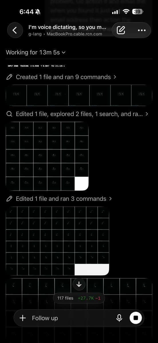 GrahamGoudeau's tweet photo. Debugging Sketchpad with Sol. Sol in codex built a frame recorder that lets me capture a buggy interaction by hand, record the exact frames, chunk them up until it finds the wrong phosphor movement, and then solve it itself in the assembly logic https://t.co/WfmlkiMtux