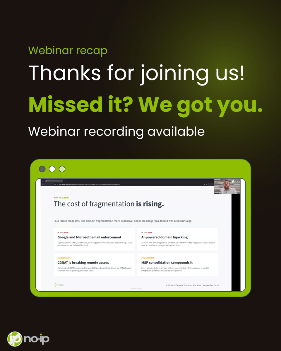 NoIPcom's tweet photo. Thanks to everyone who joined today's MSP webinar! Interested in the recording? Check our the link in the comments.  #MSP #DNS #ITAdmin https://t.co/jNrhWWXk8E