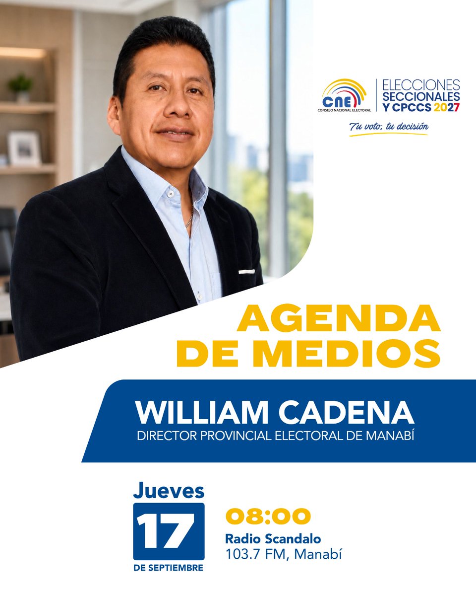CNEManabi's tweet photo. 📻 | Agenda de Medios

Nuestro director, #WilliamCadena, participará en una entrevista en #RadioScándalo, donde abordará los avances de la #CapacitaciónMJRV2027 y el trabajo interinstitucional rumbo a las #Elecciones2027Ec.

⏰ ¡Agéndalo! https://t.co/zB5YtD6rrf