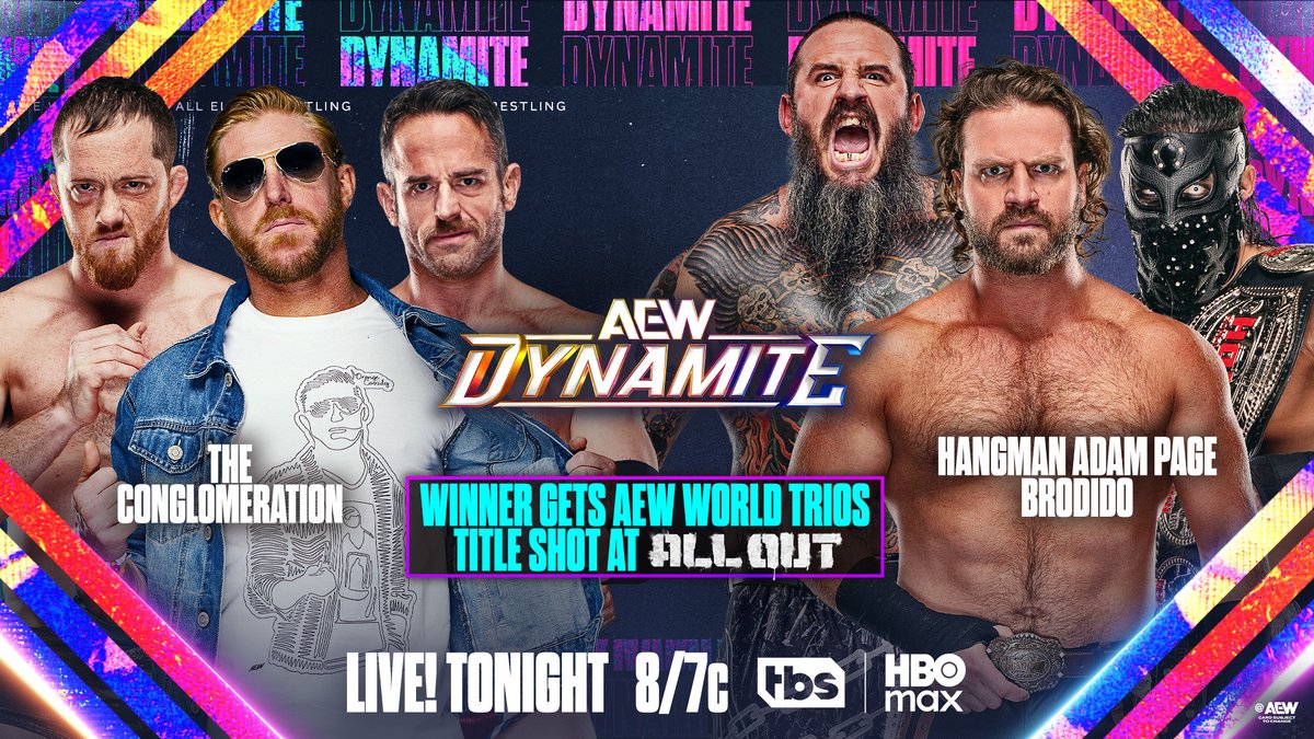 AEW's tweet photo. #AEWDynamite
8/7c, TONIGHT!
@OrangeCassidy/@RoderickStrong/@KORCombat vs Hangman/@Brodyxking/@bandidowrestler
The Conglomeration battle Hangman &amp; Brodido, for the opportunity to challenge for the AEW World Trios Titles at #AEWAllOut!
Conglomeration vs Hangman &amp; Brodido, TONIGHT! https://t.co/kmr4nTEwm5