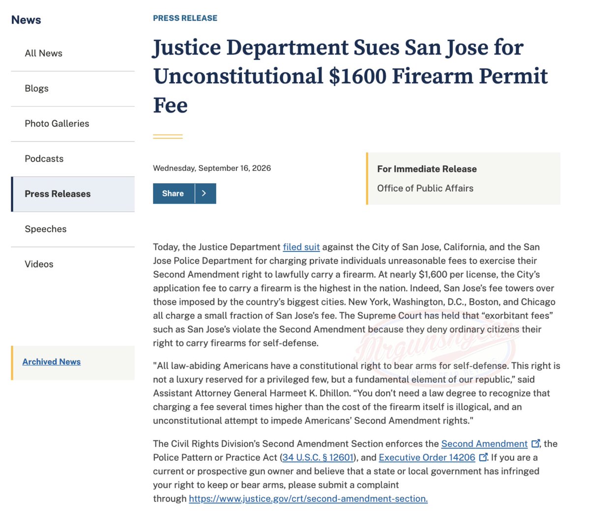 Mrgunsngear's tweet photo. We all have our criticisms of this administration but the Civil Rights Division of the DOJ is doing great work to help restore the 2nd.

For me, the process is "too slow" but it's also objectively "faster" than any other admin in my life.    

I still think they should be arresting thousands of people in power for "Deprivation Of Rights Under Color Of Law" but the lawsuits, executive rule making, etc... are better than nothing I suppose.

Arresting tyrants would speed things up by A LOT.    

You know how states and cities just re-write anti 2A "laws" after courts strike down the previous unconstitutional laws (New York, Chicago, California, Colorado, Maryland, etc...)?   They wouldn't do that if they were in prison facing felonies for writing these illegal and immoral laws. 

#CivilRights #2nd #2a
