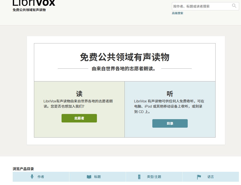 XAMTO_AI's tweet photo. LibriVox 是一个由志愿者把公共领域文本录成有声书的目录，在线收听、下载都不用花钱，录音本身也以公共领域发布。

朗读的人来自各地志愿者，并非统一的专业录音棚：有的吐字清楚，有的带口音或底噪，同一本书往往有多个版本，最好先试听再决定下整本。

目录里以英语经典为主，其他语言也有，但数量少得多；当代还在版权期内的书基本找不到。

适合拿过期文学做泛听，或者练英语听力的语感。它既不是分级教材，也不是 Audible 那种付费新书库。

至于这些书在你所在地区是否仍算公版，得自己确认。

传送https://t.co/8Cbo8kkozR