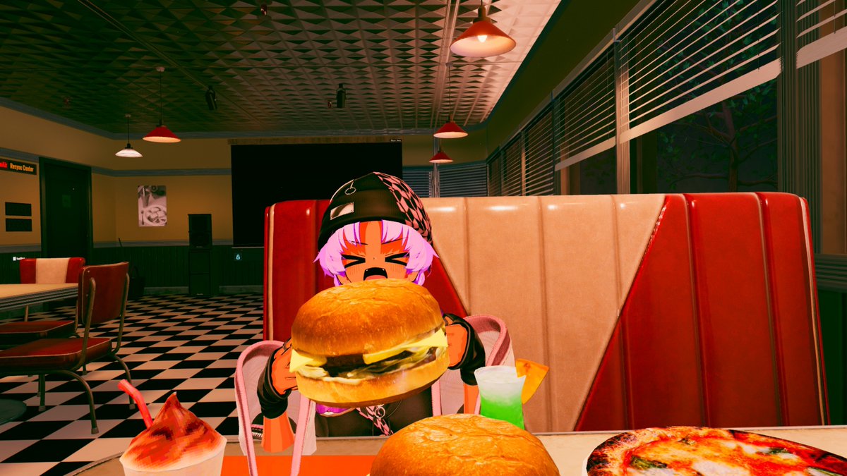 gamanohosomiti's tweet photo. 海外の食堂にて、ピザ3つにバーガー2つ
若いもんがたくさん食べるのはいいものだ
特にお嬢の食べっぷりはとてもよい

🌐：Aromerican Diner
By aromabl4ck

#VRchat
#VRchatPhotos
#Amanosuke
#SIUSIU3D
#Tumuribito https://t.co/KnM6DNgv38