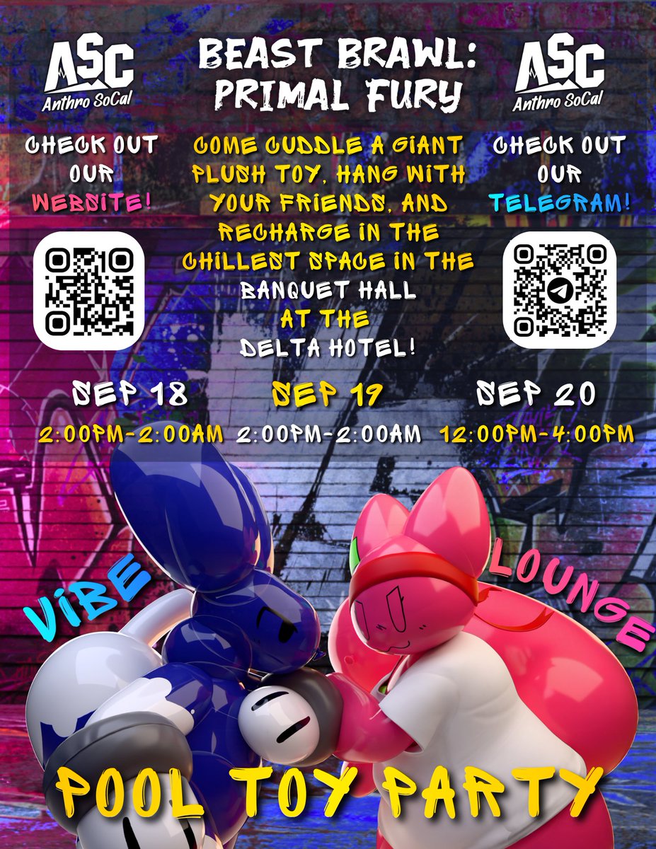 PoolToyParty's tweet photo. NEED A BREAK BETWEEN ROUNDS? 

Recharge at PoolToyParty during @AnthroSocal: Beast Brawl : Primal Fury! 

Come hang out, meet some giant plushy and inflatable friends &amp; enjoy a fun, laid-back space with us at the Delta Hotel! 💜💙💚

Sep 18 &amp; 19 : 2PM–2AM
Sep 20 : 12–4PM https://t.co/mExPBo9ewK