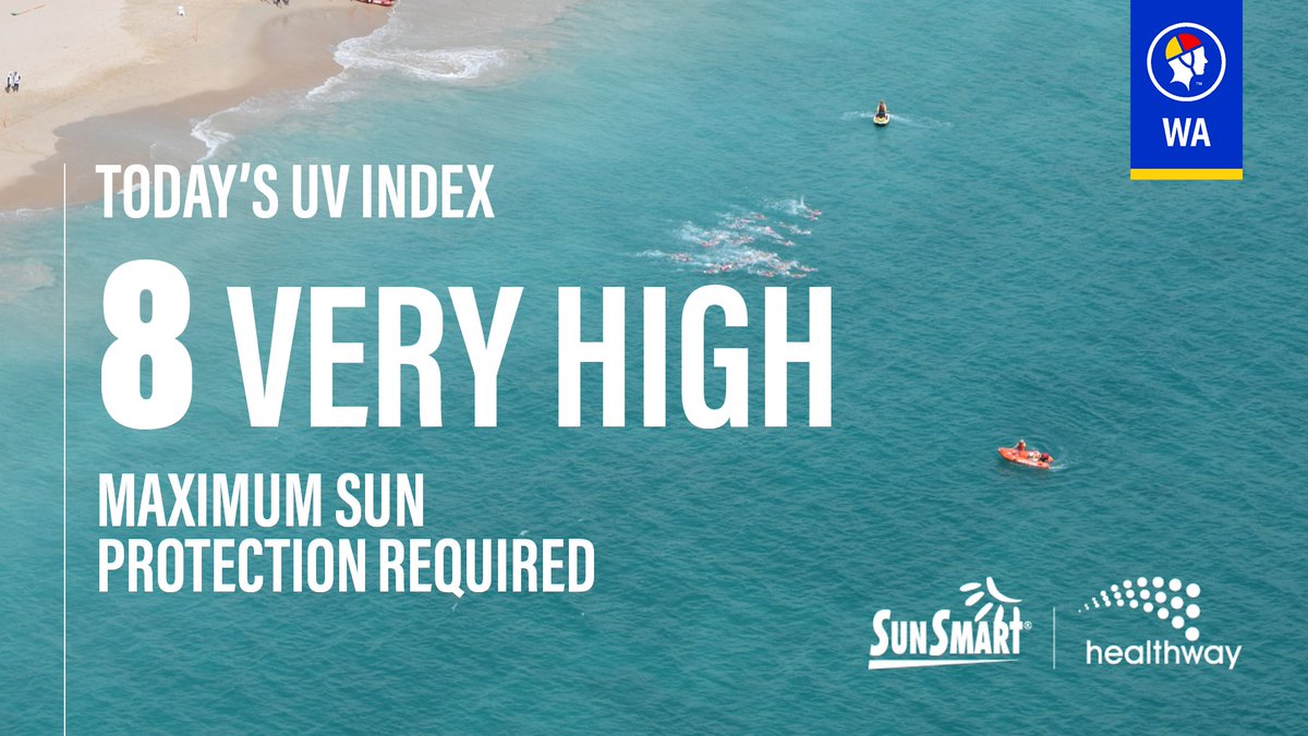 SLSWA's tweet photo. Sun protection recommended from 9:00 am – 3:20 pm, UV index predicted to reach 8 (High). Be Sun Smart and slip, slop, slap, seek and slide. #Sunsmart🌞 https://t.co/Ov2GtYVmkD