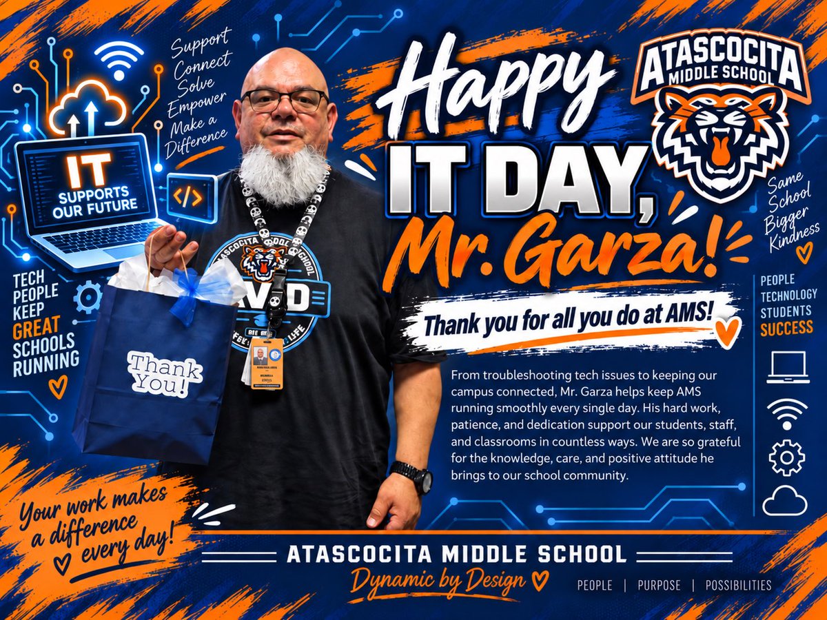 HumbleISD_AMS's tweet photo. 💻 Happy IT Day, Mr. Garza! 🧡💙 Thank you for keeping AMS connected, solving the problems we can’t, and supporting our students &amp; staff every day. We appreciate everything you do to keep our Tigers running smoothly! 🐯

#AMSTigers #DynamicByDesign #HappyITDay https://t.co/Ie0ZbwxYYz