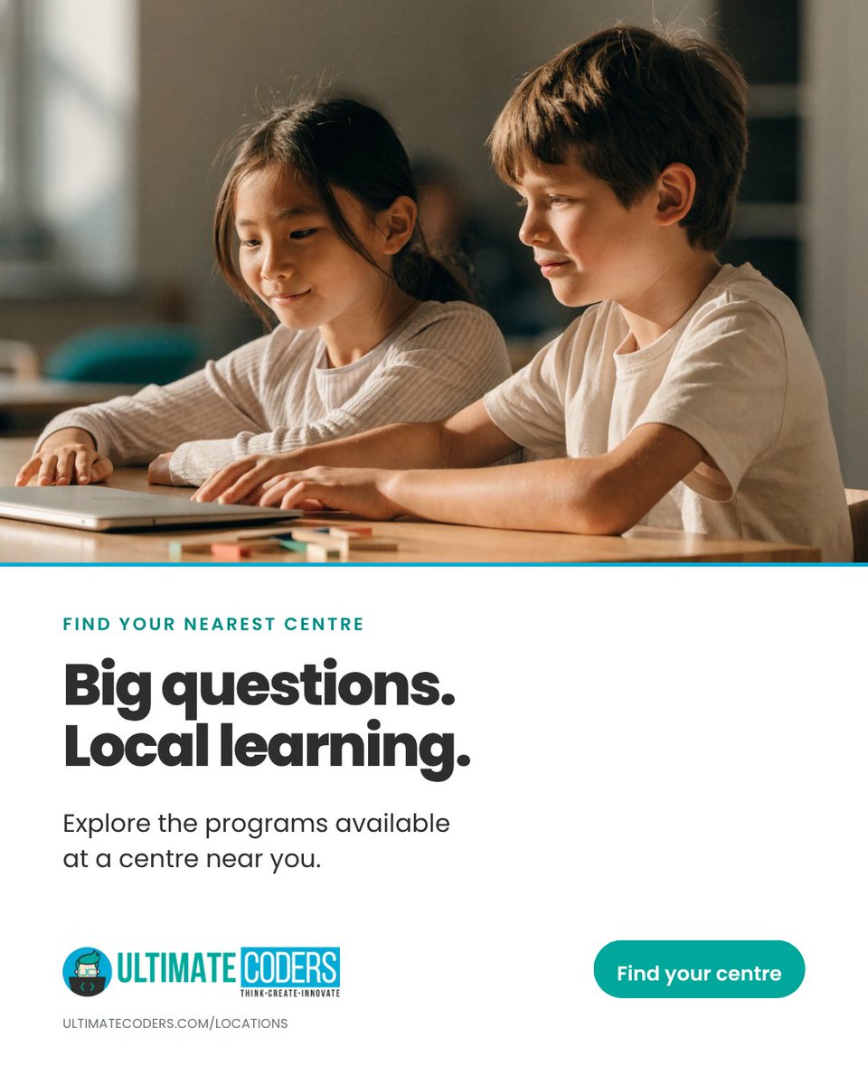 ultimatecoders's tweet photo. Big questions. Local learning.

For children who love making, solving puzzles or asking how technology works.

Find your nearest Ultimate Coders centre and explore local programs: https://t.co/9v1MzU6sGJ

#UltimateCoders #KidsCoding https://t.co/nuubLnm6TA