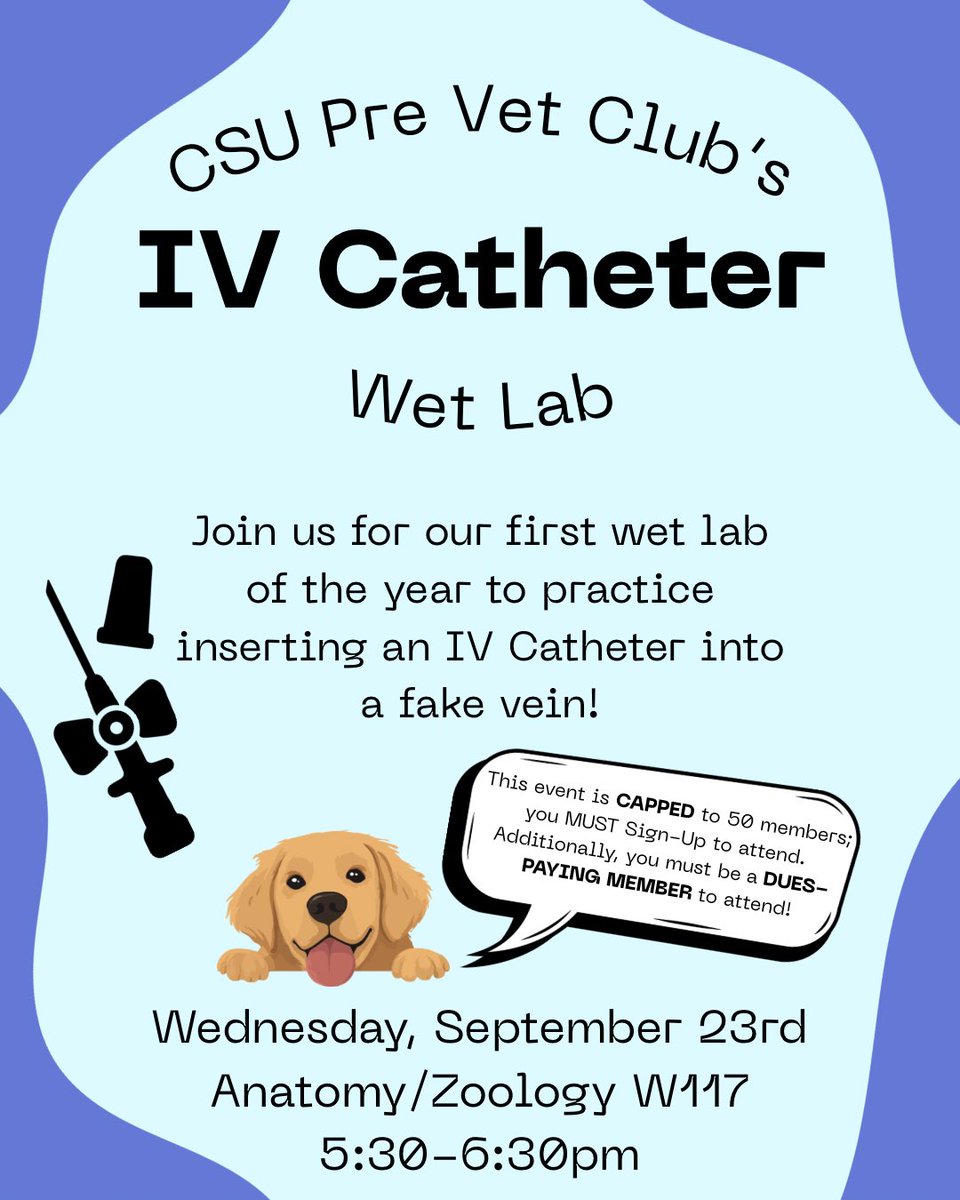 CSUprevet's tweet photo. Sign ups for our iv catheter wet lab are now open on our website! https://t.co/O7gr5ZF8pS