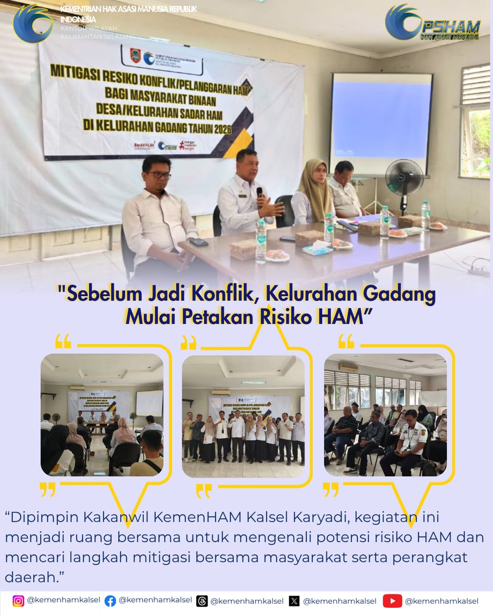 kemenhamkalsel's tweet photo. Masalah belum terjadi, kenapa harus sudah diantisipasi? 

KemenHAM Kalsel bersama masyarakat Kelurahan Gadang memetakan potensi risiko HAM.
Dipimpin Kakanwil Karyadi, berbagai masukan dibahas untuk menentukan langkah mitigasi bersama.
Cegah sebelum jadi konflik. https://t.co/EsRrtXb1nw