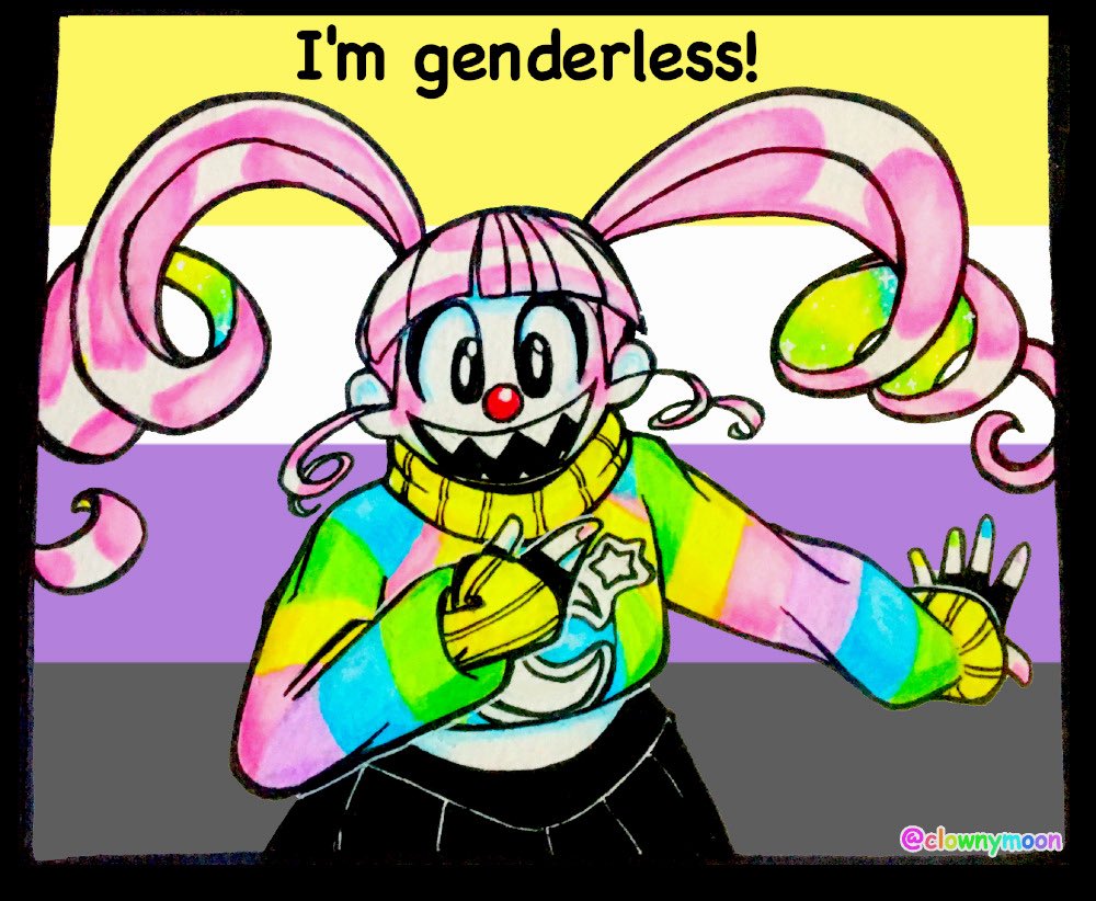 clownymoon's tweet photo. being nonbinary! 💜💛🤍🖤 1/2
#art #comic #clown #oc https://t.co/UCwqDE9J8W