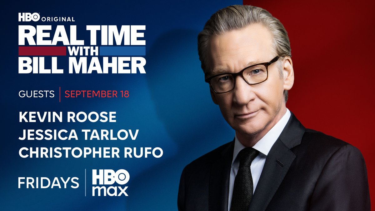 RealTimers's tweet photo. FRIDAY: @BillMaher welcomes @KevinRoose, @JessicaTarlov + @ChristopherRufo to Real Time @HBO!

Reply with a question and join the conversation after the show on #RTOvertime. https://t.co/pm2F4p1XcA