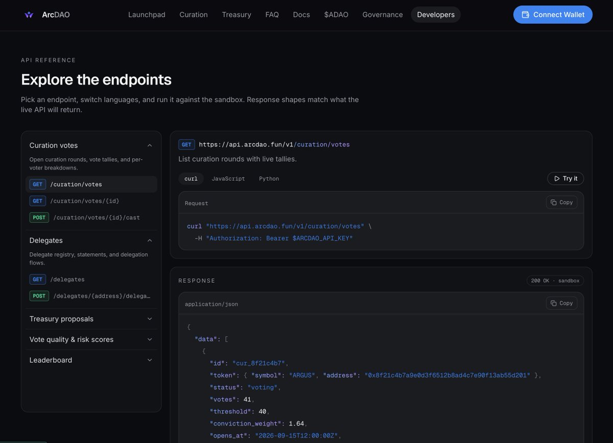 arcdaodotfun's tweet photo. Governance you can build on top of, not just look at.

Every curation vote, delegate, and treasury proposal on ArcDAO is queryable through a public API. REST endpoints, live sandbox responses, real-time event streams coming next.

Explore it: https://t.co/OOcXDEE4S7 https://t.co/JuRr9481By