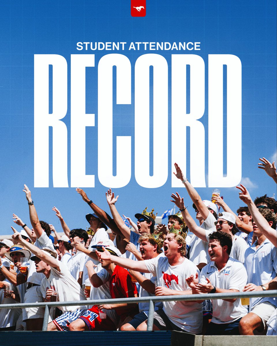 SMUMustangs's tweet photo. A record-breaking student crowd for our first home game of the season! 

Thanks for showing up and showing out, Mustangs! ✌️ https://t.co/8UIGzmYLly