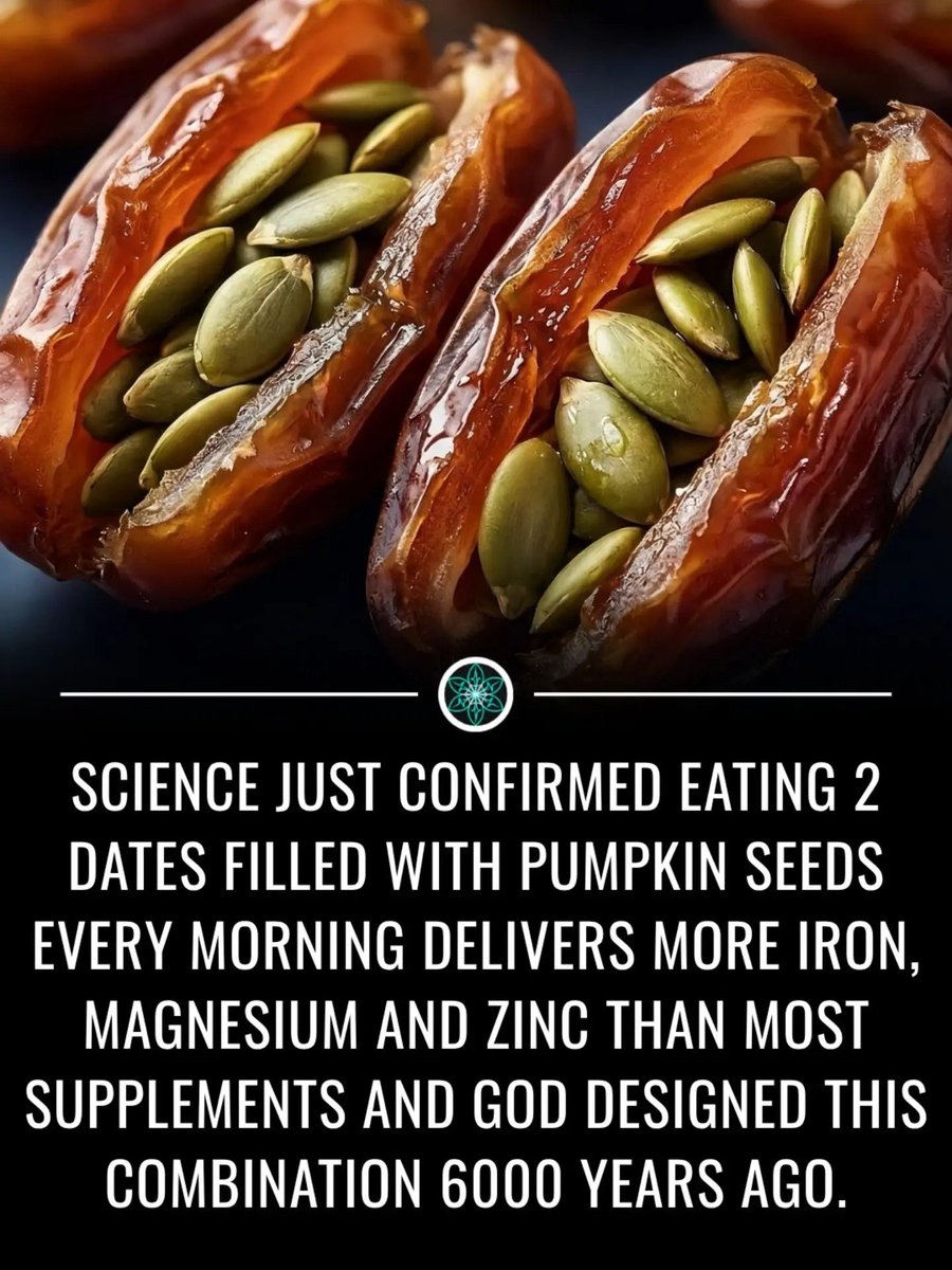 yajnshri's tweet photo. Science just confirmed eating 2 dates filled with pumpkin seeds every morning delivers more iron, magnesium and zinc than most supplements and this combination has been used for 6,000 years. https://t.co/0GiM0nuPMB