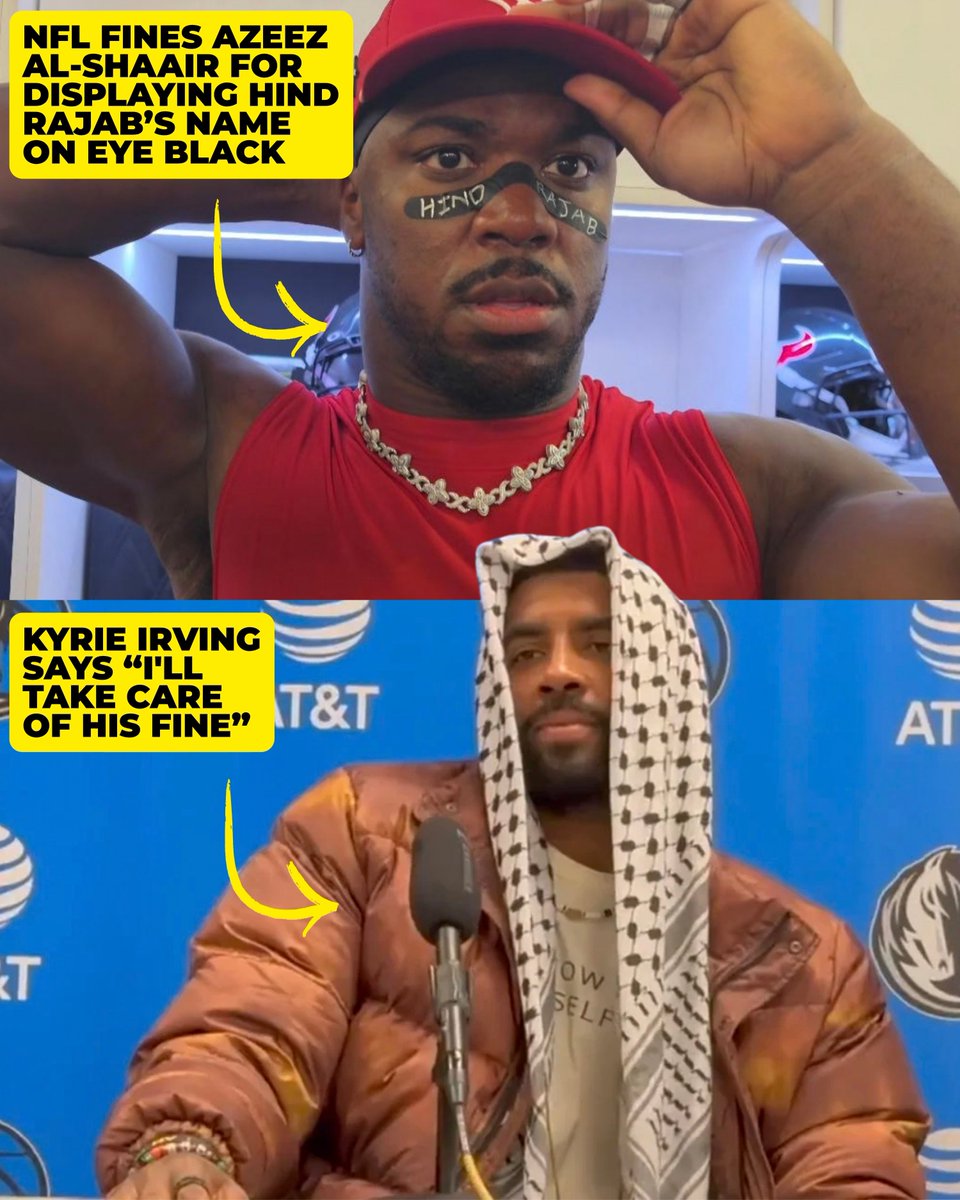 WearThePeaceCo's tweet photo. Two legends standing with the oppressed. 

NFL star Azeez Al-Shaair has been fined once again over his eye black after writing “Hind Rajab” on it. NBA star Kyrie Irving responded on X: “I’ll take care of the fine.” Free Palestine 🇵🇸 https://t.co/qLiPgho1DV