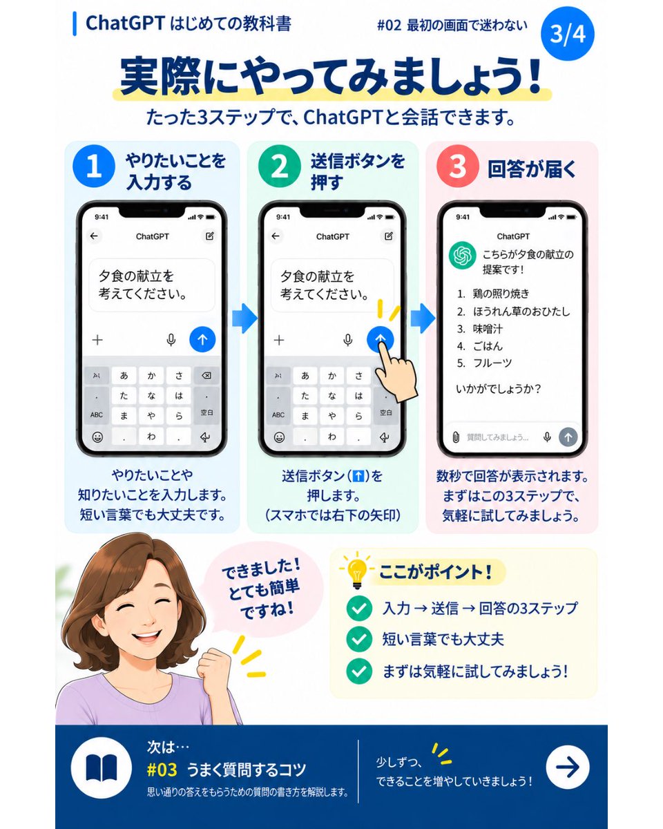 GPT_JAPAN_lab's tweet photo. ChatGPTを開いたけど、
「どこから使えばいい？」と迷う人へ。

最初に覚える場所は3つだけ。
あとは「入力 → 送信 → 回答」でOKです👇

#ChatGPT #ChatGPT初心者 #AI活用 https://t.co/PedRYB7fKq