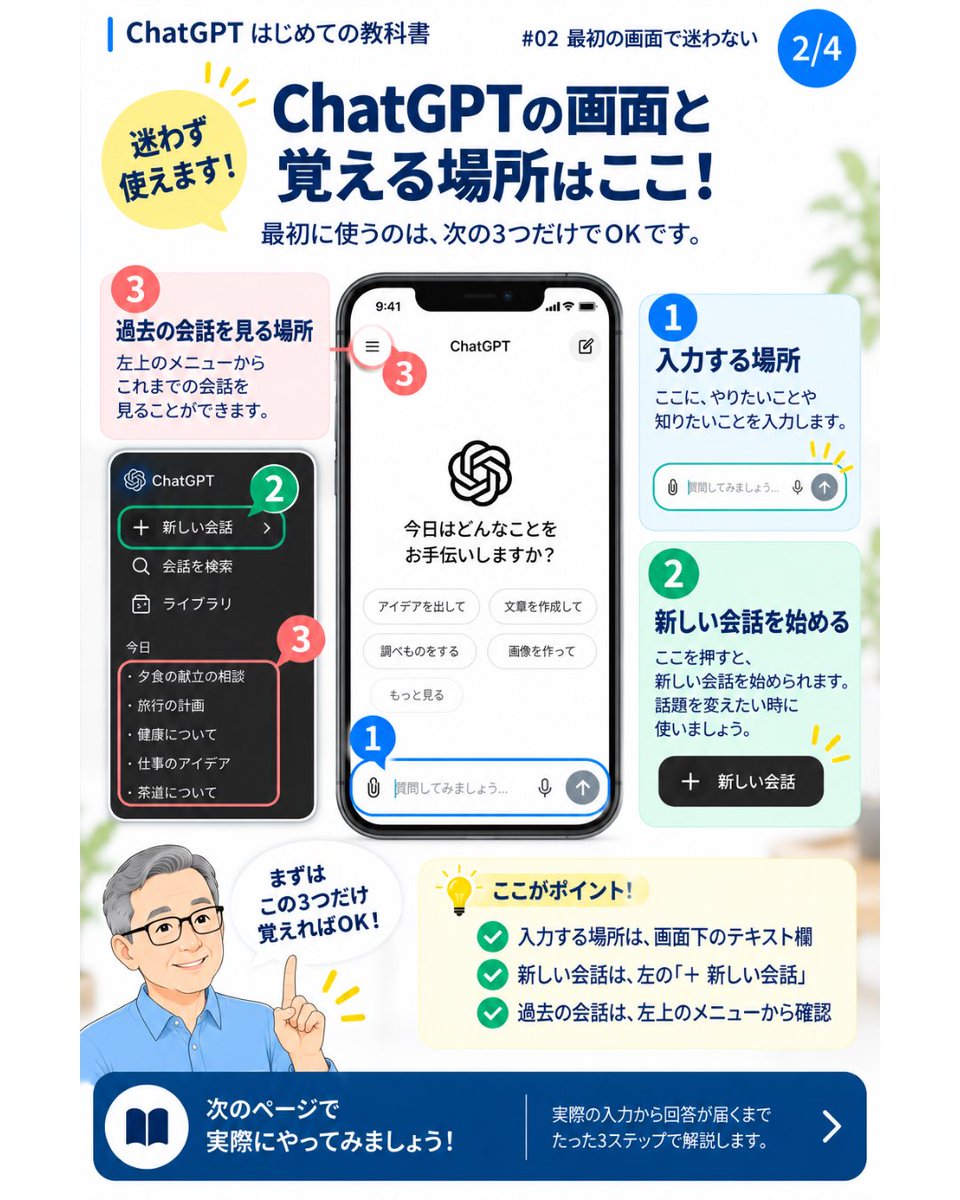 GPT_JAPAN_lab's tweet photo. ChatGPTを開いたけど、
「どこから使えばいい？」と迷う人へ。

最初に覚える場所は3つだけ。
あとは「入力 → 送信 → 回答」でOKです👇

#ChatGPT #ChatGPT初心者 #AI活用 https://t.co/PedRYB7fKq