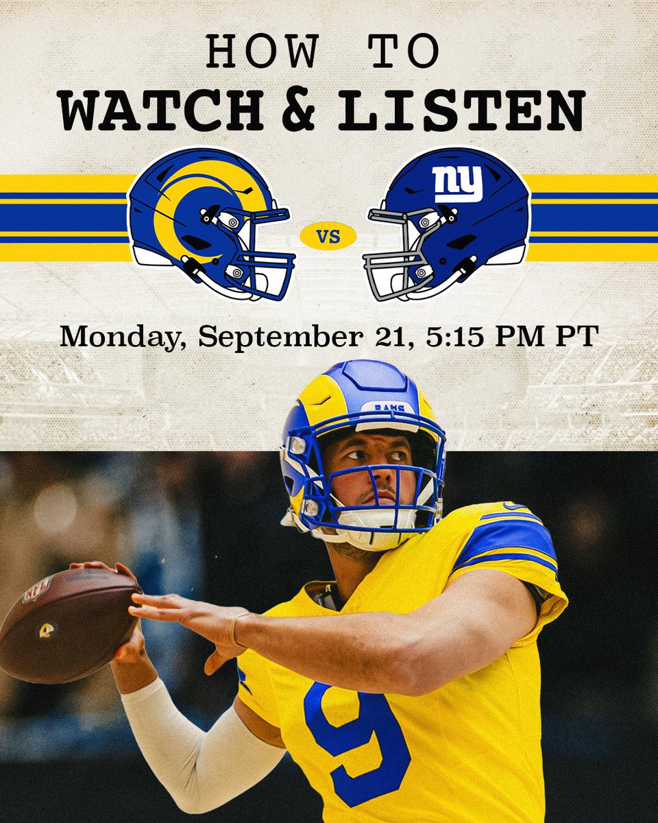 RamsNFL's tweet photo. 📍SoFi Stadium
 🗓️Monday, September 21
 ⏰5:15 PM PT
 📺@ESPNNFL 

More on how to watch our Week 2 matchup » https://t.co/InRqsbY4I1 https://t.co/MtV9xEkPdk