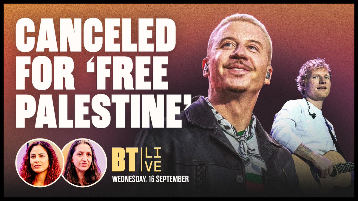 BTnewsroom's tweet photo. 🔴 LIVE THURS 12pm ET

Macklemore’s ‘Free Palestine’ melts Ed Sheeran's career; Yemen’s Red Sea win; &amp; China’s crackdown on billionaires 

@ZoeAlexandra_ok w/ Alana Hadid &amp; @shireen818, PLUS @BenjaminNorton joins @radiofreeamanda on The China Report

➡️https://t.co/G9ufS7cY4Y https://t.co/M833BoiOFt