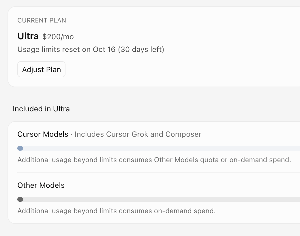 claudeebum's tweet photo. Cursor Ultra was advertised with $400 of API usage.

Now the live English pricing and docs pages show a $200/mo plan, 20x Pro limits, and “Other Models: Included” with no dollar amount.

The old page that explicitly said “Ultra includes $400 of API agent usage” now 404s or redirects.

Maybe the entitlement still exists. Maybe it changed. But silently rewriting the public docs without notifying Ultra subscribers is a trust problem.

@cursor_ai, which is it?