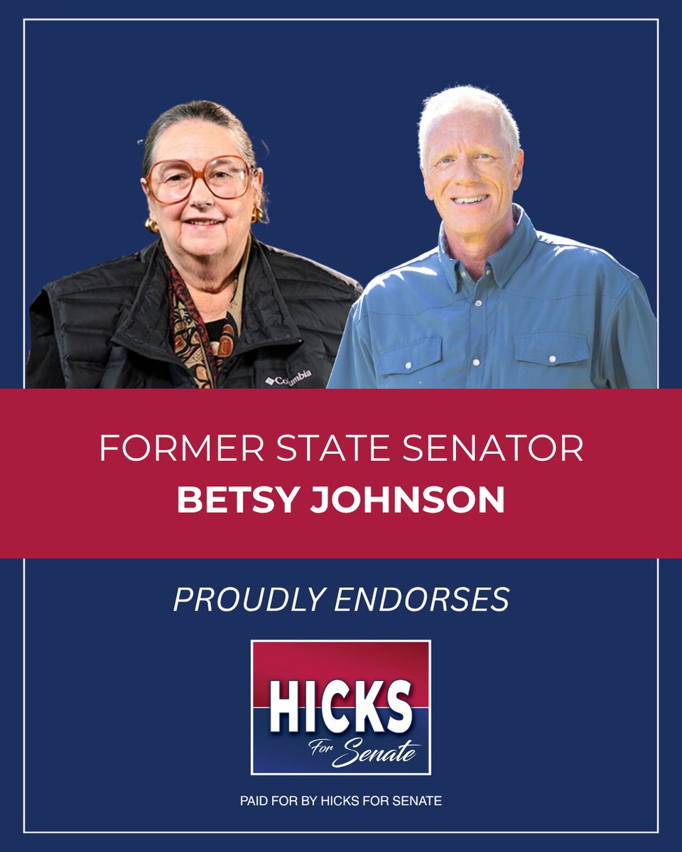 BradHicksOR's tweet photo. I am proud to announce the endorsement of former State Senator Betsy Johnson!

Betsy spent decades in Salem refusing to be anyone’s rubber stamp. She put Oregonians ahead of party leadership and ahead of special interests. (1/2) https://t.co/B1KJBXttvo