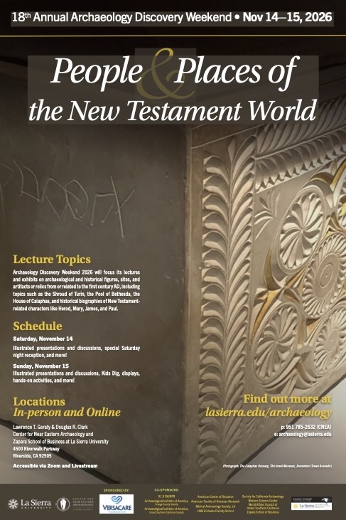 lasierranews's tweet photo. Discover intriguing insights about the ancient biblical world during the 18th Annual Archaeology Discovery Weekend, Saturday – Sunday, Nov. 14 – 15. Themed “People & Places of the New Testament World,” this two-day event will offer lectures by world-renowned scholars, exhibits and hands-on activities that will focus on archaeological and historical figures, sites and artifacts.  Topics to include the Shroud of Turn, the Pool of Bethesda, the House of Caiaphas, and historical biographies of characters such as Herod, Mary, James and Paul.

Information: https://t.co/CI1ajLAwKW

Admission: FREE  Meanwhile, learn about the adventures of La Sierra’s archaeologists in the field this summer in Jordan, where they returned to excavate at the Balu’a Regional Archaeological Project. Read the BRAP Beat newsletters detailing the intriguing discoveries and daily work of archaeologists and volunteers from La Sierra University and other institutions in the U.S., Canada and Germany:
BRAP Beat: https://t.co/35rAXH4fpJ

@riversidecagov @loveriverside16 @archaeologymag #Archaeology #WeAreLaSierra #ChangeYourWorld