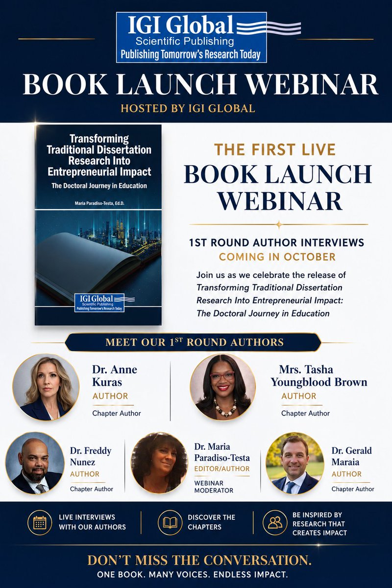 DrMariaP_Testa's tweet photo. 🔹SAVE THE DATE: October 28th 4pm for Our Live Webinar BOOK LAUNCH! Authors' chapter highlights, research &amp; impact around the unique Doctoral Journeys in Education!

🔹Register &amp; join the conversation! 
https://t.co/jGFgn0psiI

@frede52  @AnneKurasEdD @JerryMaraia @DrTashaYBrown https://t.co/TMePk3eIAH