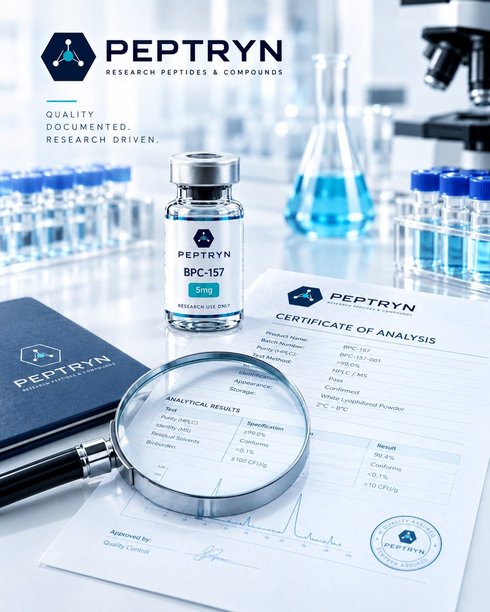 peptrynus's tweet photo. Every Peptryn BPC-157 vial is backed by a batch-specific Certificate of Analysis (COA) for full research transparency and precision.
​#PeptideResearch #BPC157 #QualityControl #Peptryn https://t.co/io1eBduDDF