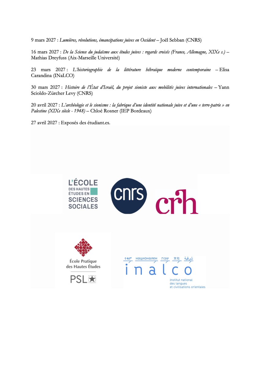 davide_mano's tweet photo. Programme du séminaire Initiation #étudesjuives #EHESS #EPHE #INaLCO https://t.co/KlRFgUeXh7
